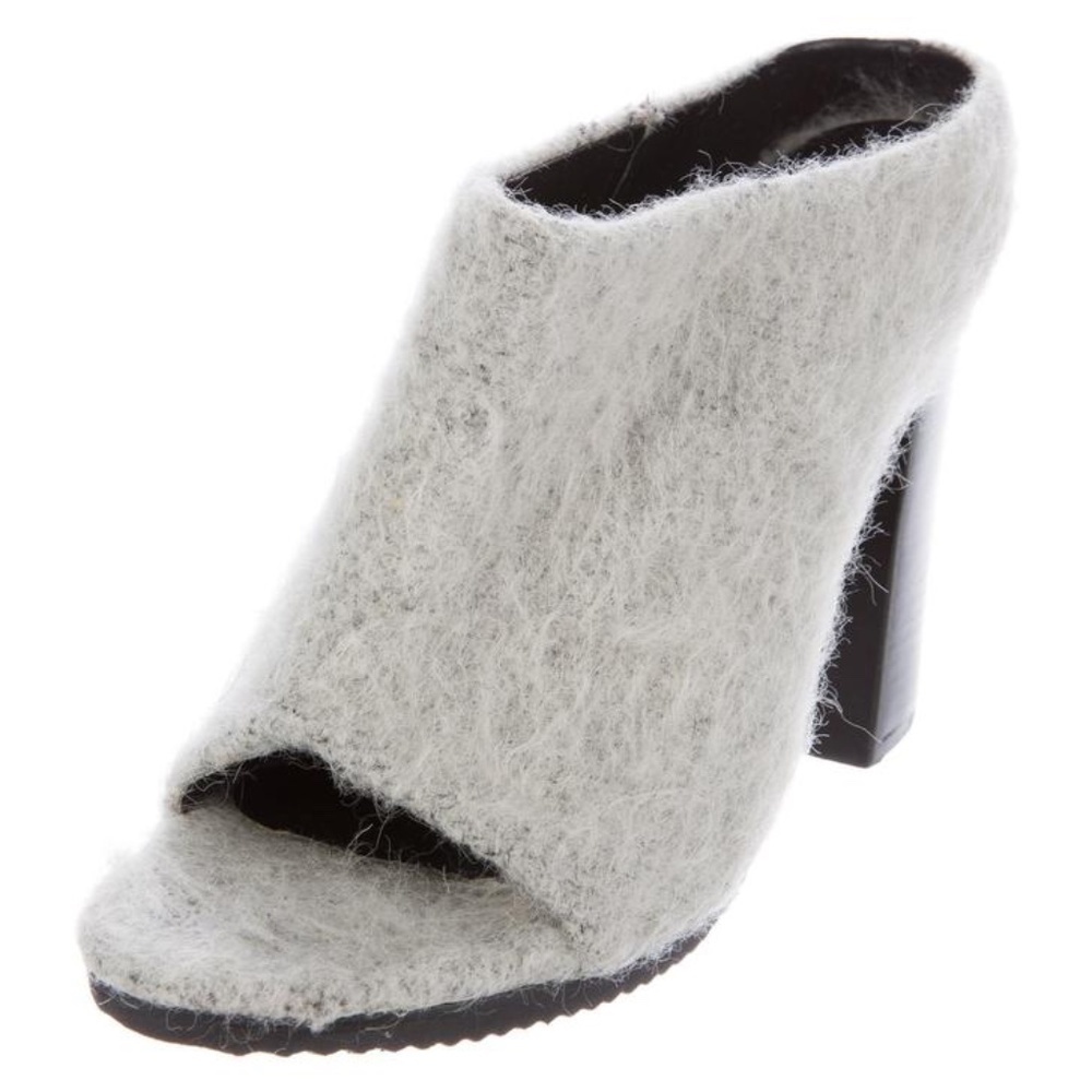 Tibi Slides Chunky Stacked Block Heel "Leona" Ice Gray Alpaca/Wool MoHair  Sz 9